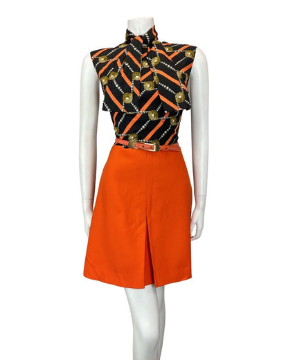 VINTAGE 60s 70s ORANGE BLACK STRIPED BELTED MOD PUSSYBOW SLEEVELESS MOD DRESS 12