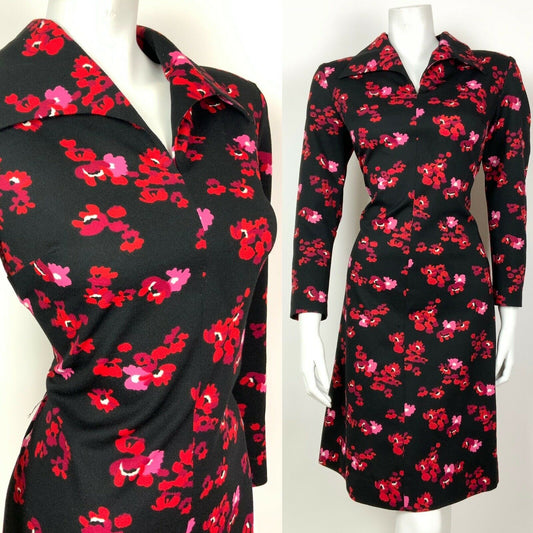 VINTAGE 60s 70s BLACK RED PINK PURPLE FLORAL WING COLLAR SHIFT DRESS 12 14