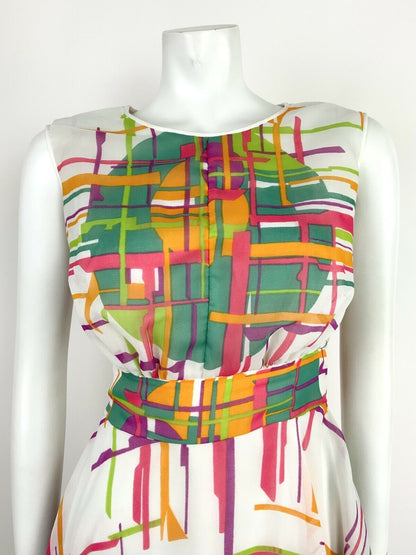 VINTAGE 60s 70s WHITE GREEN PINK ORANGE GEOMETRIC ABSTRACT BLOUSON DRESS 10