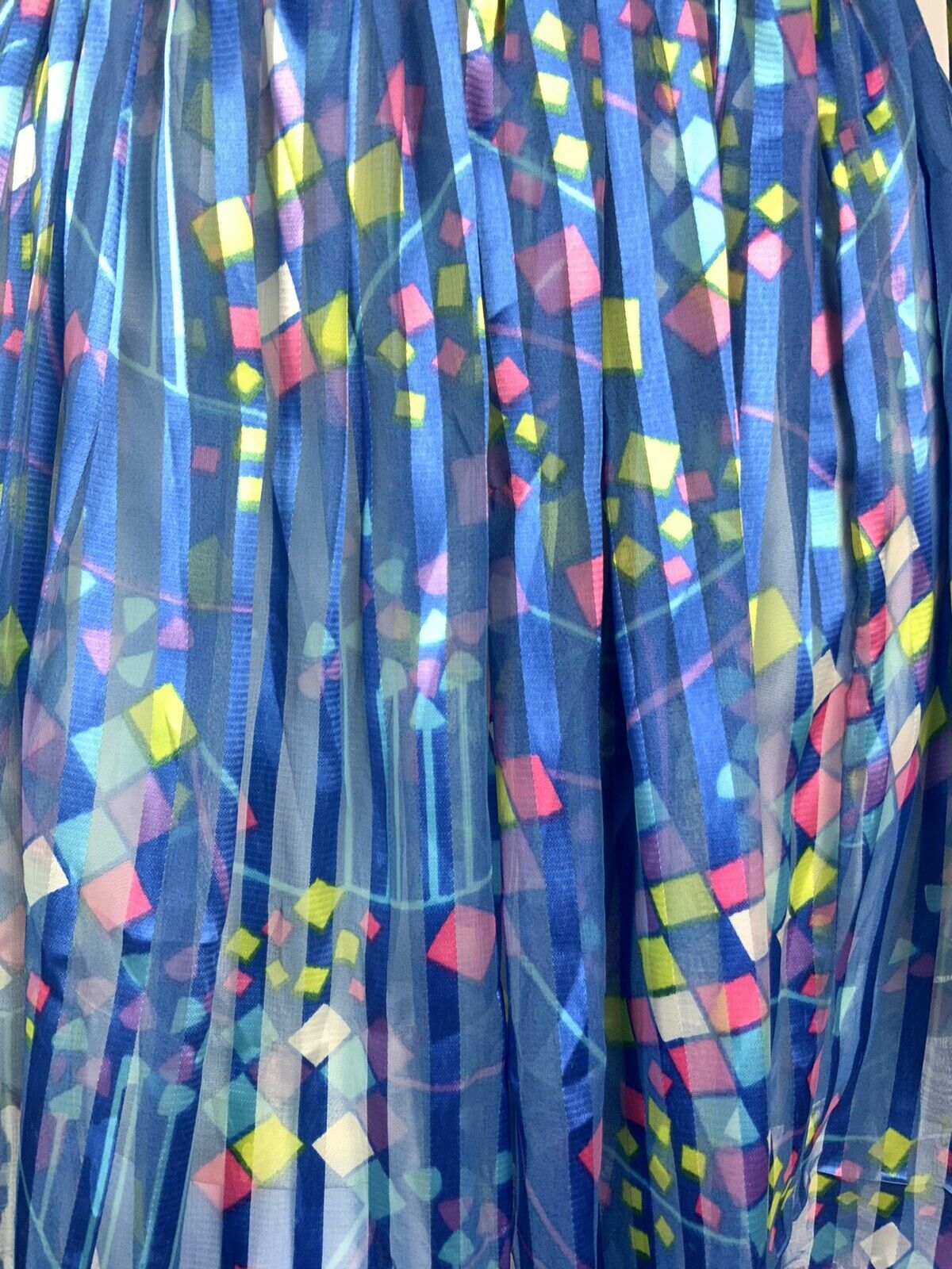 VINTAGE 60s 70s METALLIC BLUE WHITE PINK YELLOW STRIPED SQUARE SHEER DRESS 10