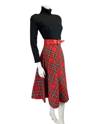 VINTAGE 60s 70s RED GREEN TARTAN CHECKED PVC BELTED MIDI SWING SKIRT 4