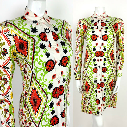 VINTAGE 60s 70s LIME GREEN ORANGE BLACK YELLOW WHITE PSCHEDELIC DRESS 8 10