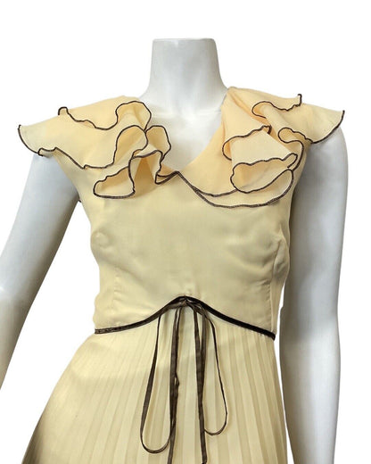 VINTAGE 60s 70s PALE YELLOW BROWN RUFFLED PLEATED ELEGANT GOWN MAXI DRESS 10 12