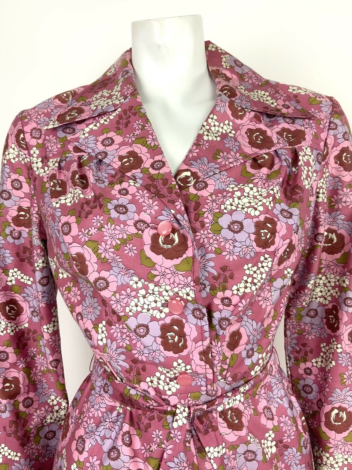 VTG 60s 70s PINK PURPLE GREEN WHITE FLORAL ROSE PSYCHEDELIC SHIRT DRESS 10 12