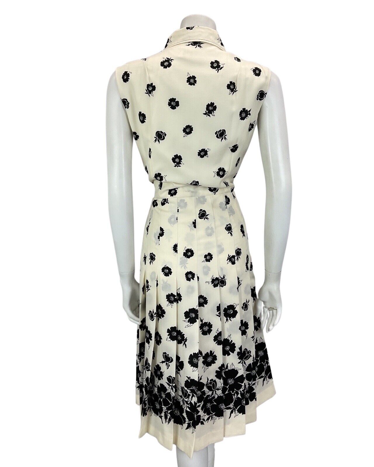 VTG 60S 70S OFF WHITE BLACK FLORAL PATTERNED BOHO MOD PLEATED MIDI DRESS 12 14