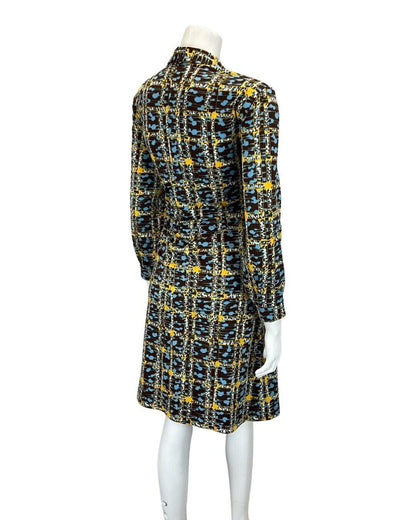 VINTAGE 60s 70s BROWN BLUE YELLOW GEOMETRIC CHECKED MOD SHIRT DRESS 14 16