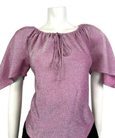 VINTAGE 60s 70s PINK SILVER LUREX HANDKERCHIEF SLEEVE DISCO PARTY TOP 10 12