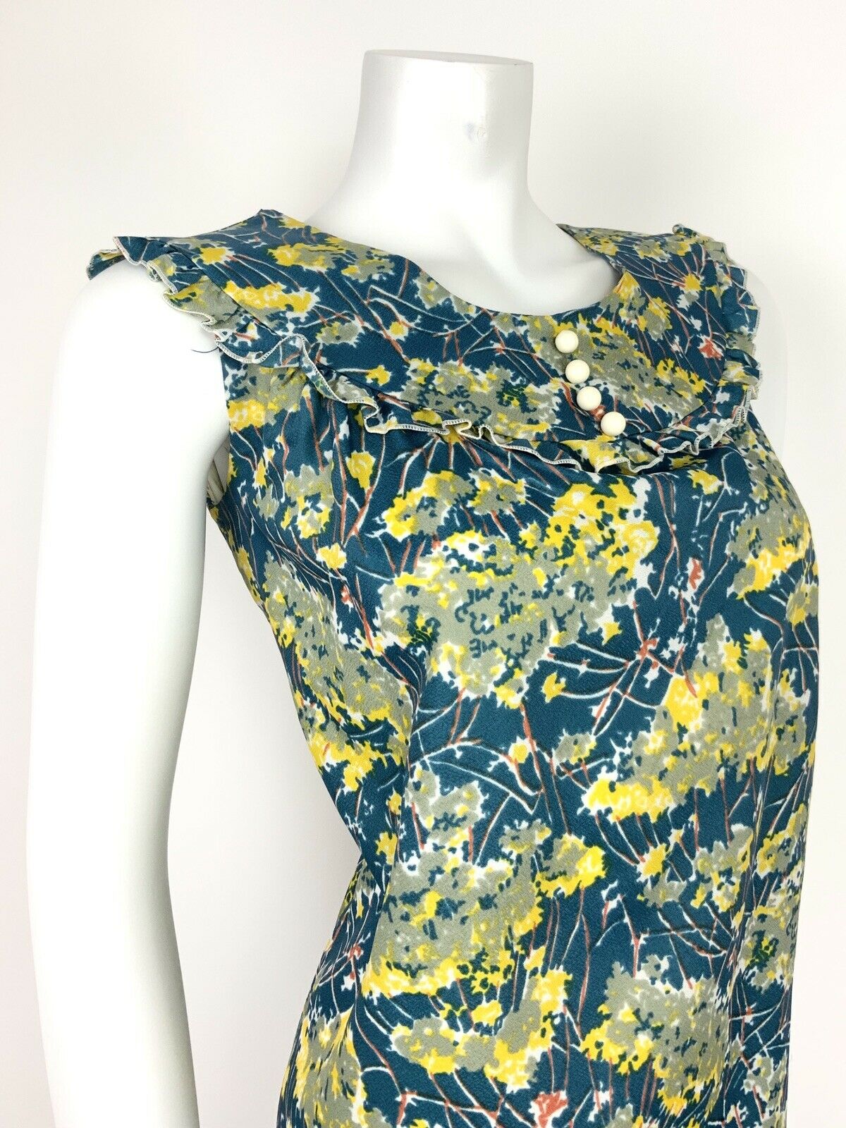 VTG 60s 70s ABSTRACT FLORAL BLUE YELLOW SILVER WHITE RUFFLE A-LINE DRESS 10 12