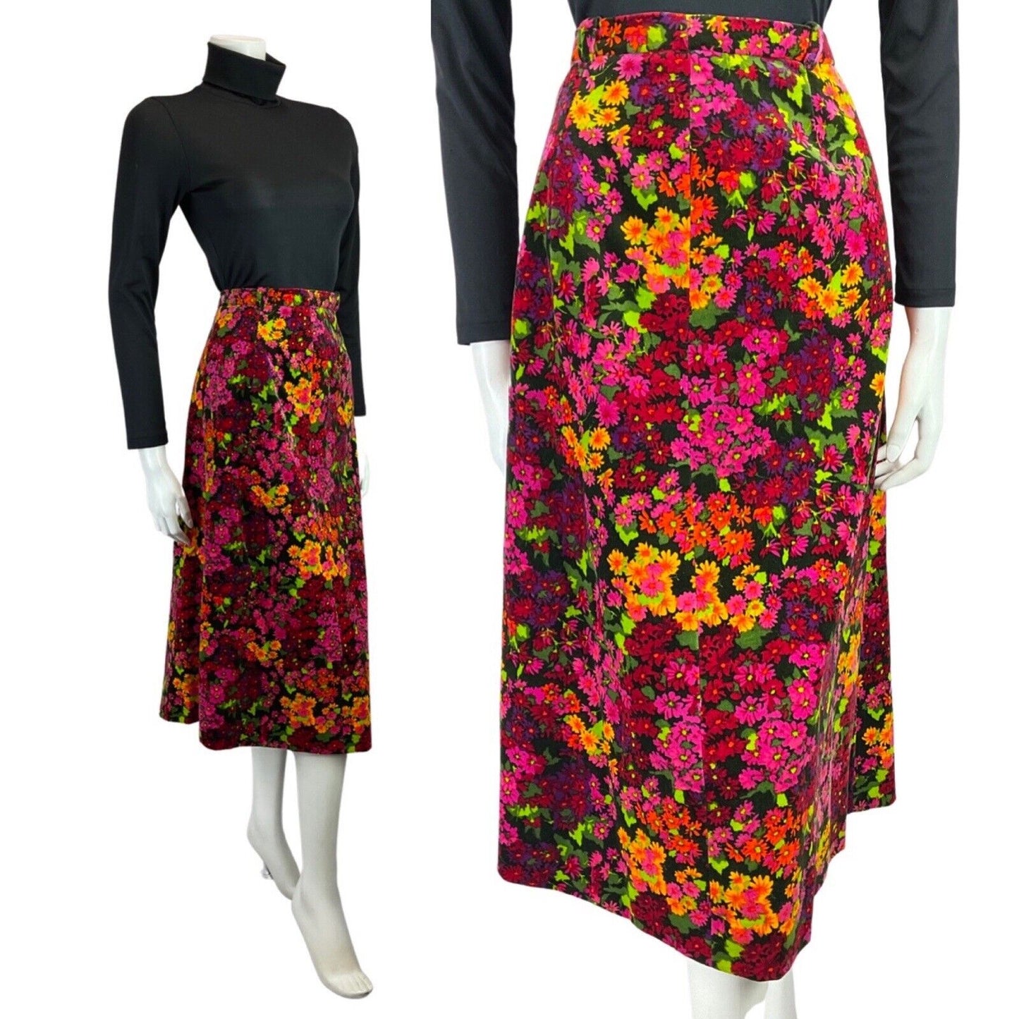 VINTAGE 60s 70s PINK YELLOW BLACK FLOWER POWER VELVET MIDI SKIRT 8 10