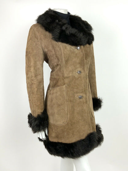 VINTAGE 60s 70s BROWN CAMEL SUEDE LEATHER FUR TRIM PENNY LANE COAT 10 12 14