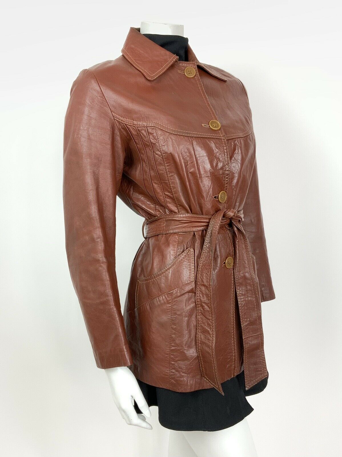 VINTAGE 60s 70s BROWN RED BELTED MOD LEATHER JACKET 12 14