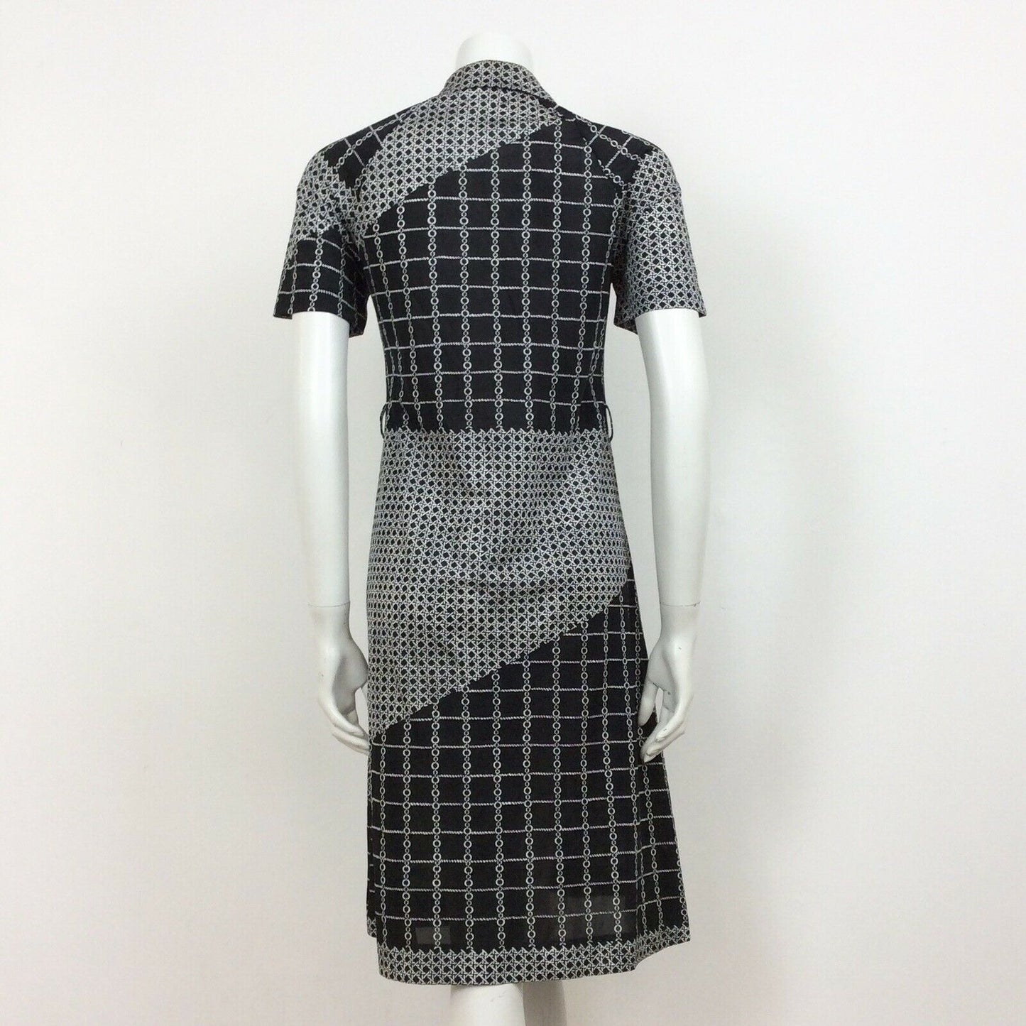 70S VINTAGE BLACK WHITE CHAIN LINK CHECK PATTERN MIDI DRESS 12