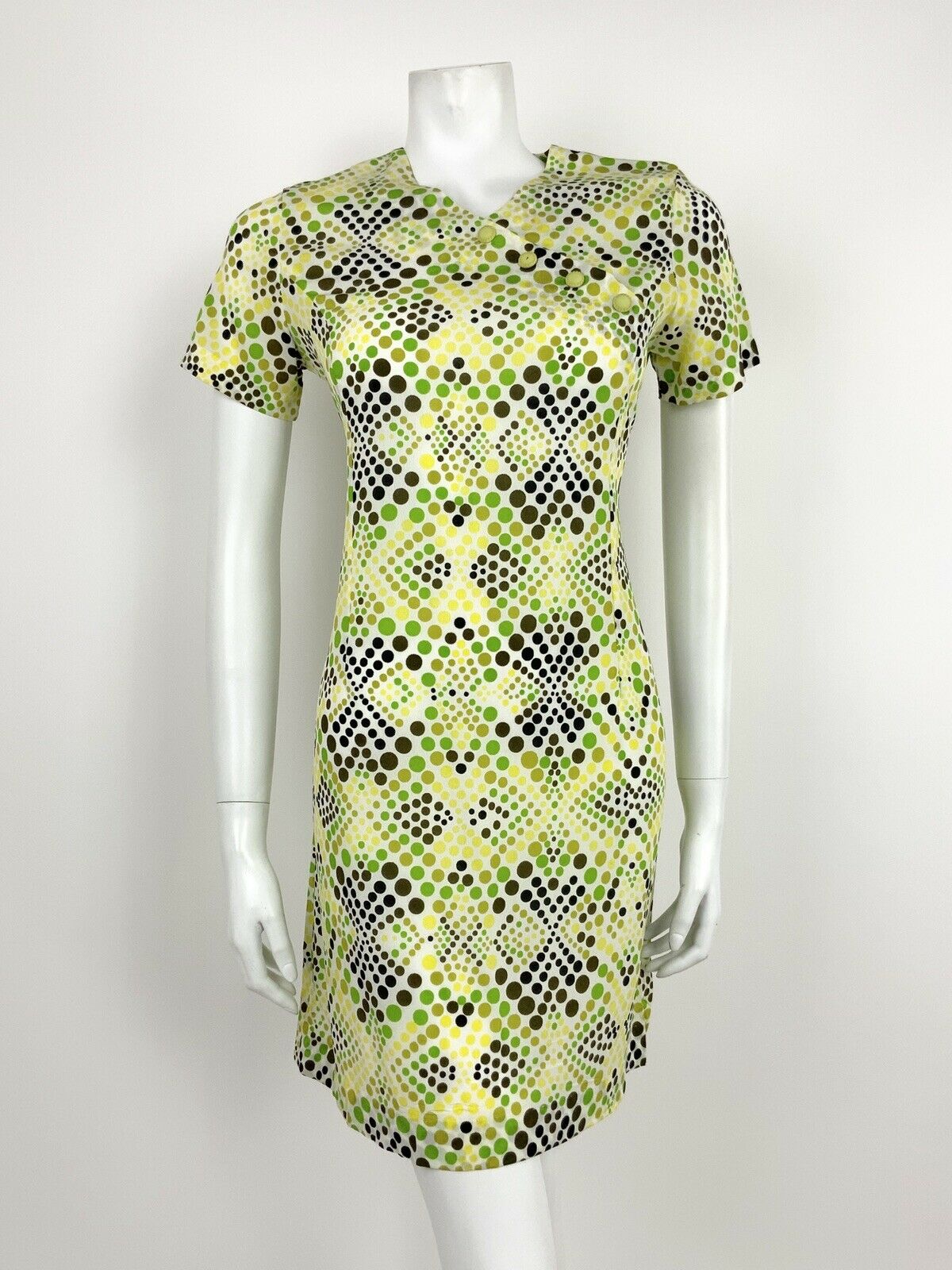 VINTAGE 60s 70s WHITE GREEN BLACK YELLOW OP-ART POLKA DOT PSYCHEDELIC DRESS 12