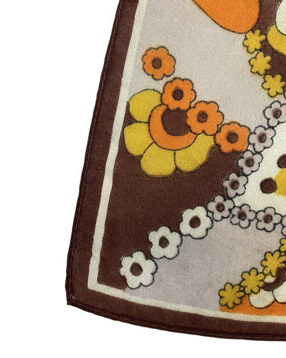 VINTAGE 60s 70s BROWN ORANGE YELLOW BEIGE FLORAL DAISY MOD BOHO SCARF