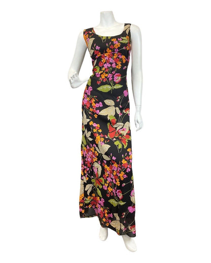 VINTAGE 60s 70s BLACK ORANGE RED FLORAL PSYCHEDELIC SLEEVELESS MAXI DRESS 12 14