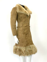 VTG 60s 70s CAMEL BROWN SUEDE SHEARLING DOUBLE-BREASTED BOHO PRINCESS COAT 12