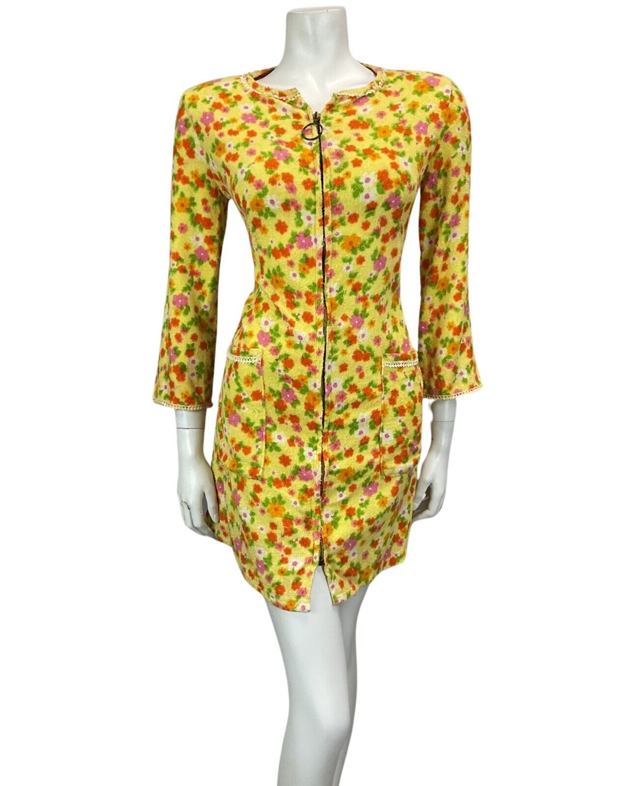 VINTAGE 60s 70s YELLOW ORANGE GREEN PINK FLORAL TOWELLING MINI DRESS 10 12