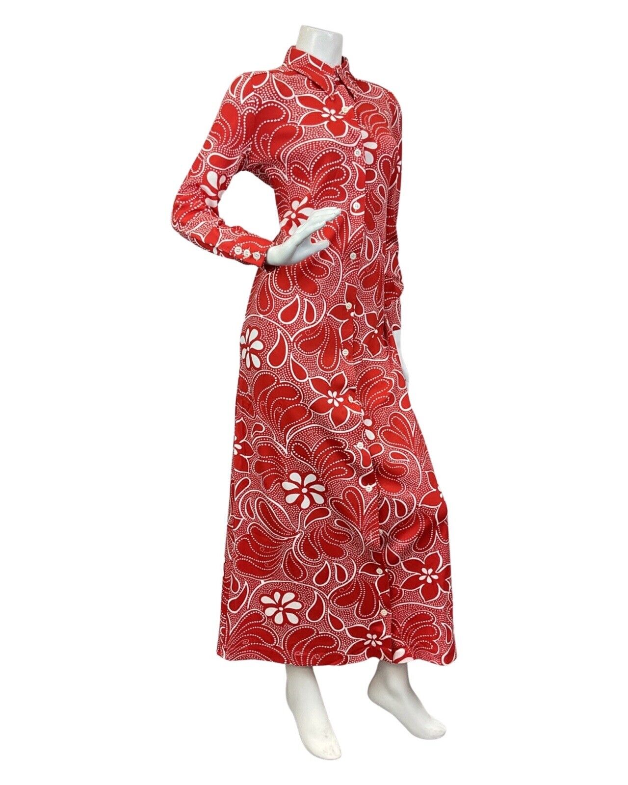 VINTAGE 60s 70s BRIGHT RED WHITE FLORAL DOTTY DAGGER COLLAR MOD MAXI DRESS 14