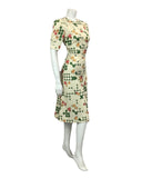 VTG 60s 70s CREAM GREEN PINK FLORAL PSYCHEDELIC MOD MIDI DRESS 12