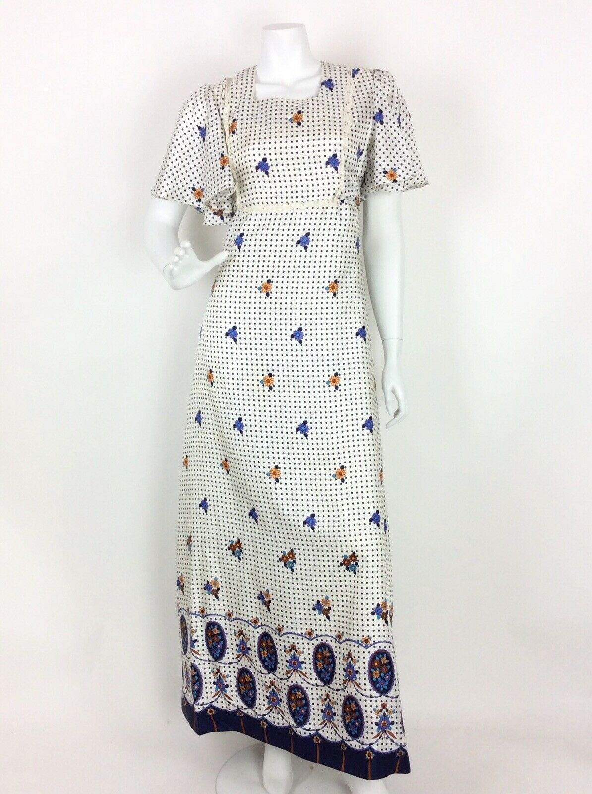 VINTAGE 60s 70s FLORAL POLKA DOT MAXI DRESS WHITE BLUE BLACK DITSY 10 12