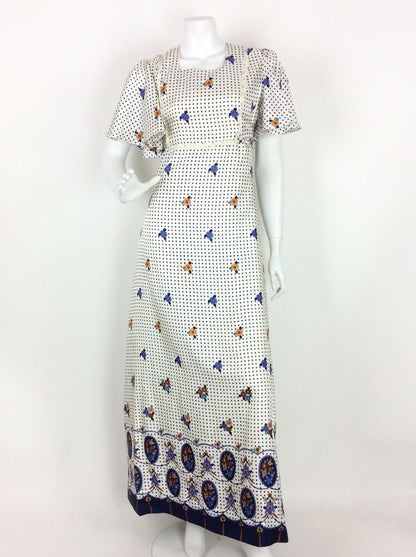 VINTAGE 60s 70s FLORAL POLKA DOT MAXI DRESS WHITE BLUE BLACK DITSY 10 12