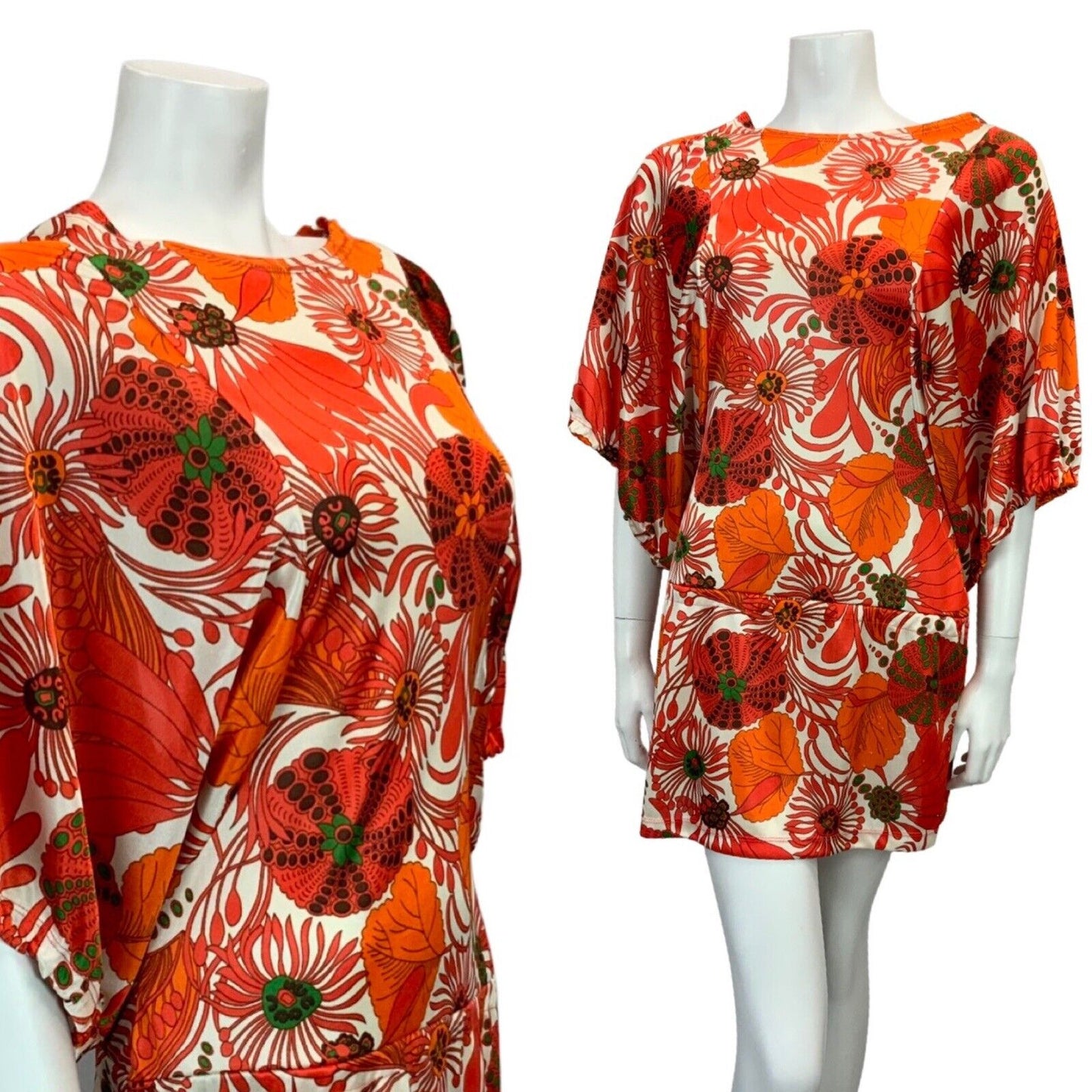 VTG 60s 70s WHITE RED ORANGE GREEN FLORAL PSYCHEDELIC BACKLESS MINI DRESS 8 10