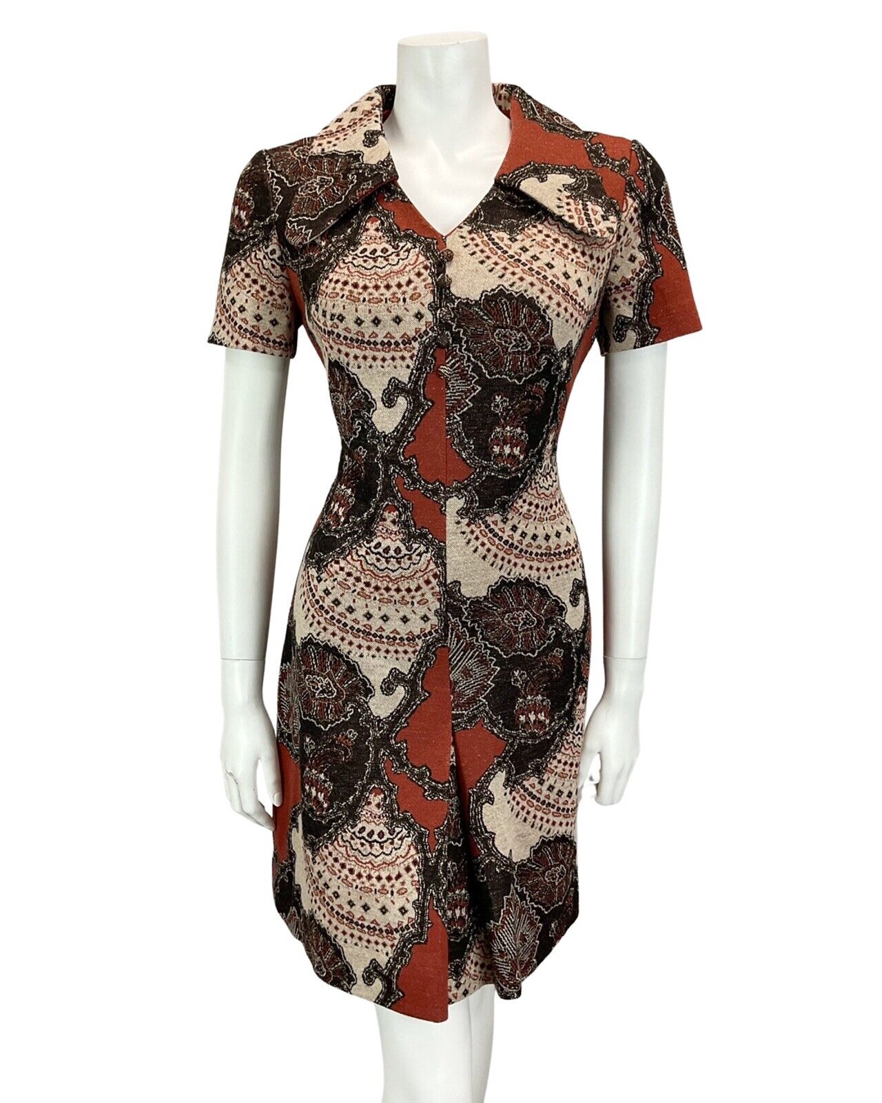 VTG 60S 70S BROWN BEIGE TAN METALLIC PSYCHEDELIC PRINT MOD MINI DRESS 10 12