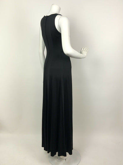 VINTAGE 60s 70s BLACK IRIDESCENT SEQUIN SPIRAL PLUNGE GLAM GOWN MAXI DRESS 6 8