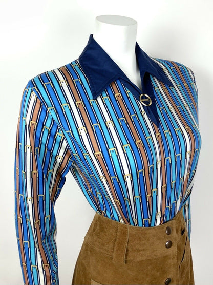 VTG 60s 70s BLUE BRONZE WHITE STRIPED EQUESTRIAN BELT DAGGER SHIRT BLOUSE 10 12