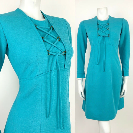 VINTAGE 60s 70s AQUA TURQUOISE TEAL BLUE CORSET LACED MOD DRESS 10 12