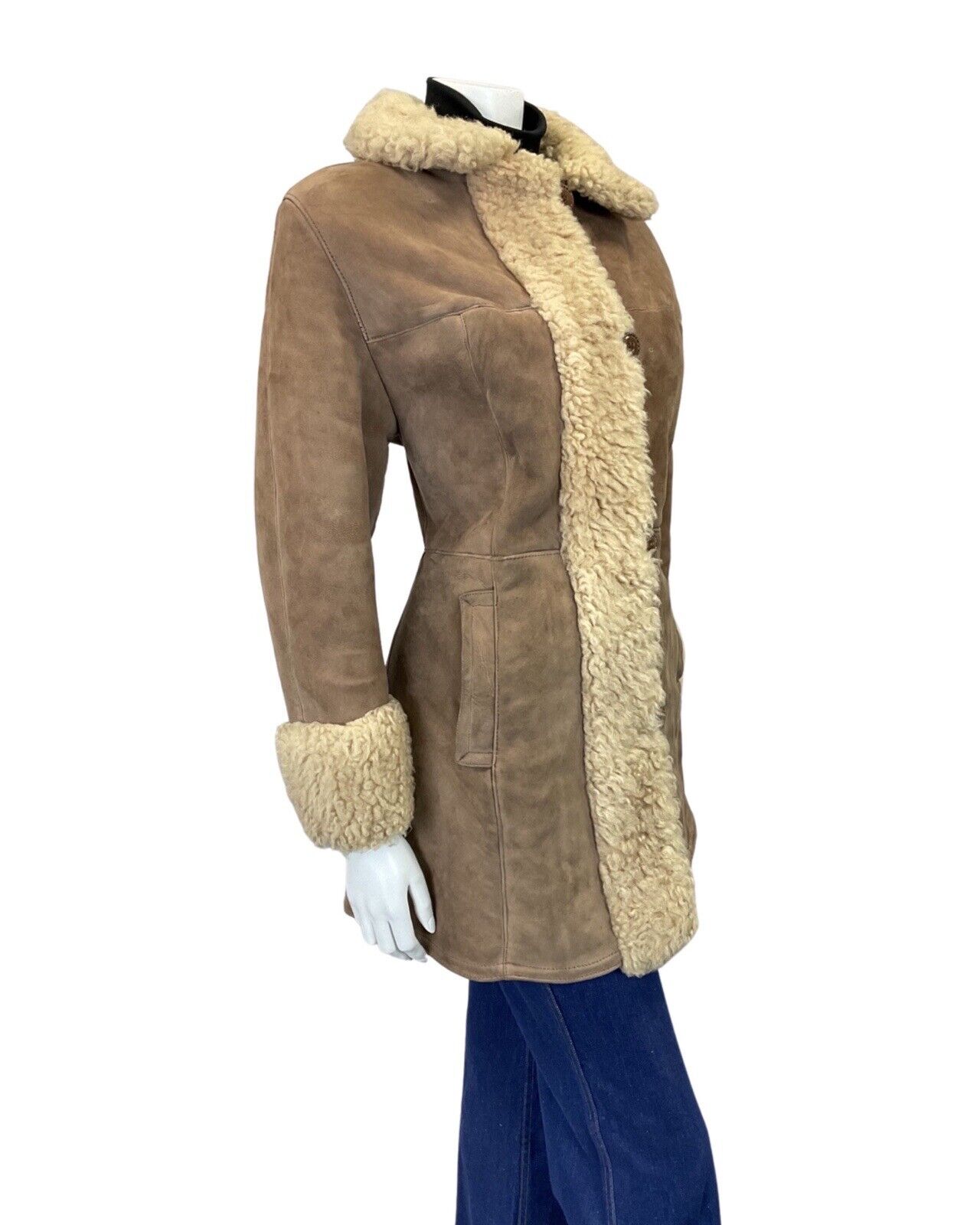 VINTAGE 60s 70s PEANUT BROWN SUEDE LEATHER MOD BOHO SHEARLING SHORT COAT 12