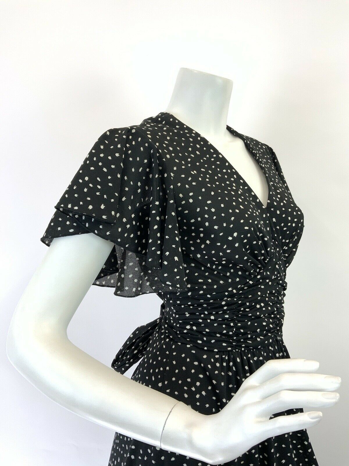 VINTAGE 60s 70s BLACK WHITE POLKA-DOT DASH RUFFLED FLARED SUMMER MAXI DRESS 8 10