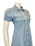 VINTAGE 60s 70s DENIM BLUE WHITE DAISY MOD A-LINE SHIFT SHIRT DRESS 6 8