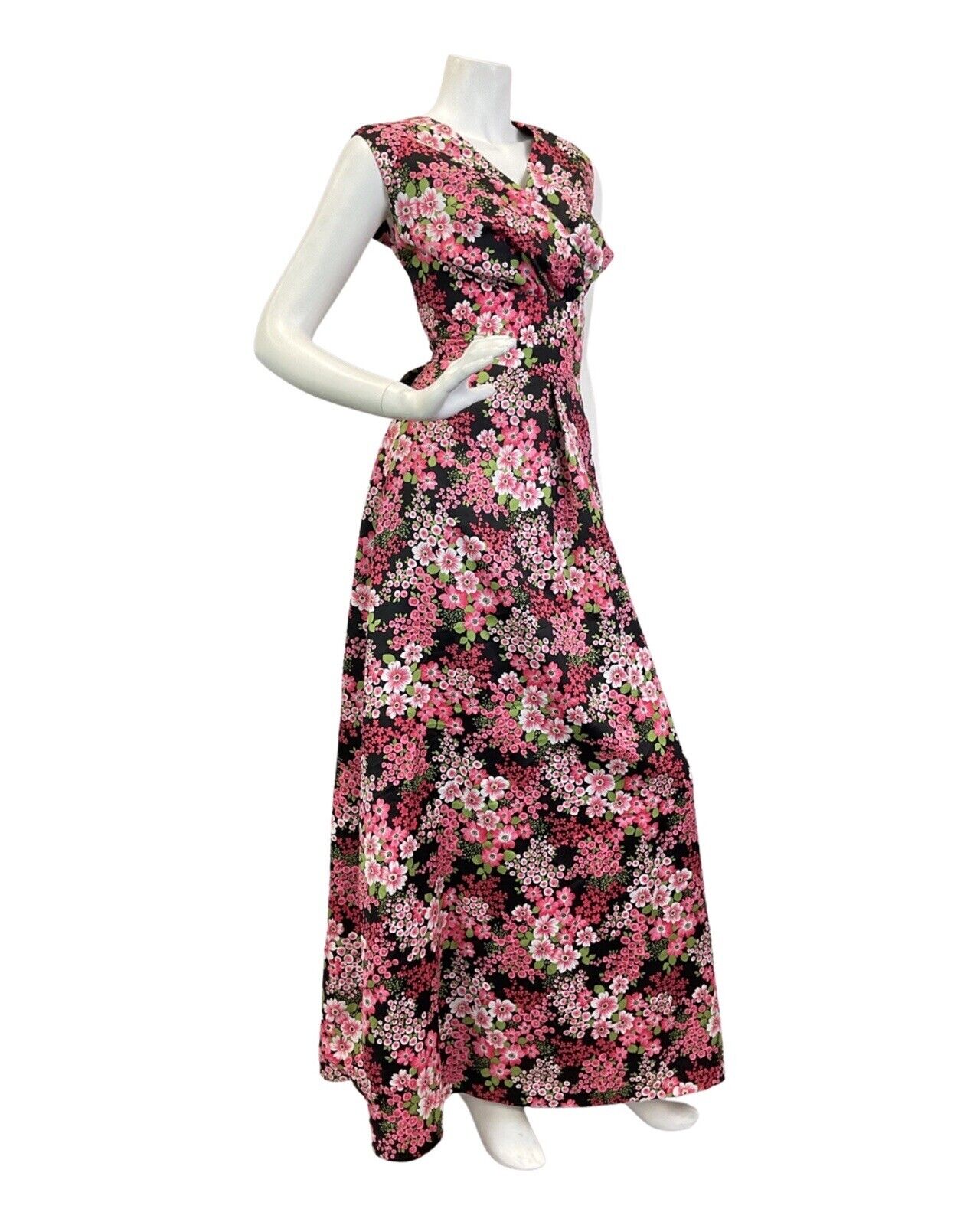 VINTAGE 70s BLACK PINK GREEN PSYCHEDELIC FLORAL SLEEVELESS MAXI DRESS 14 16