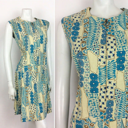 VINTAGE 60s 70s SHIFT DRESS ABSTRACT FLORAL PATCHWORK DITSY BLUE GOLD CREAM 14