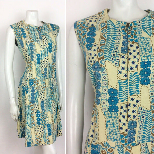 VINTAGE 60s 70s SHIFT DRESS ABSTRACT FLORAL PATCHWORK DITSY BLUE GOLD CREAM 14