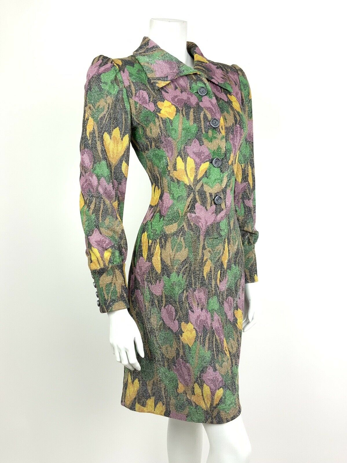 VINTAGE 60s 70s BLACK GREEN YELLOW PURPLE FLORAL SILVER GLITTER SHIRT DRESS 8 10