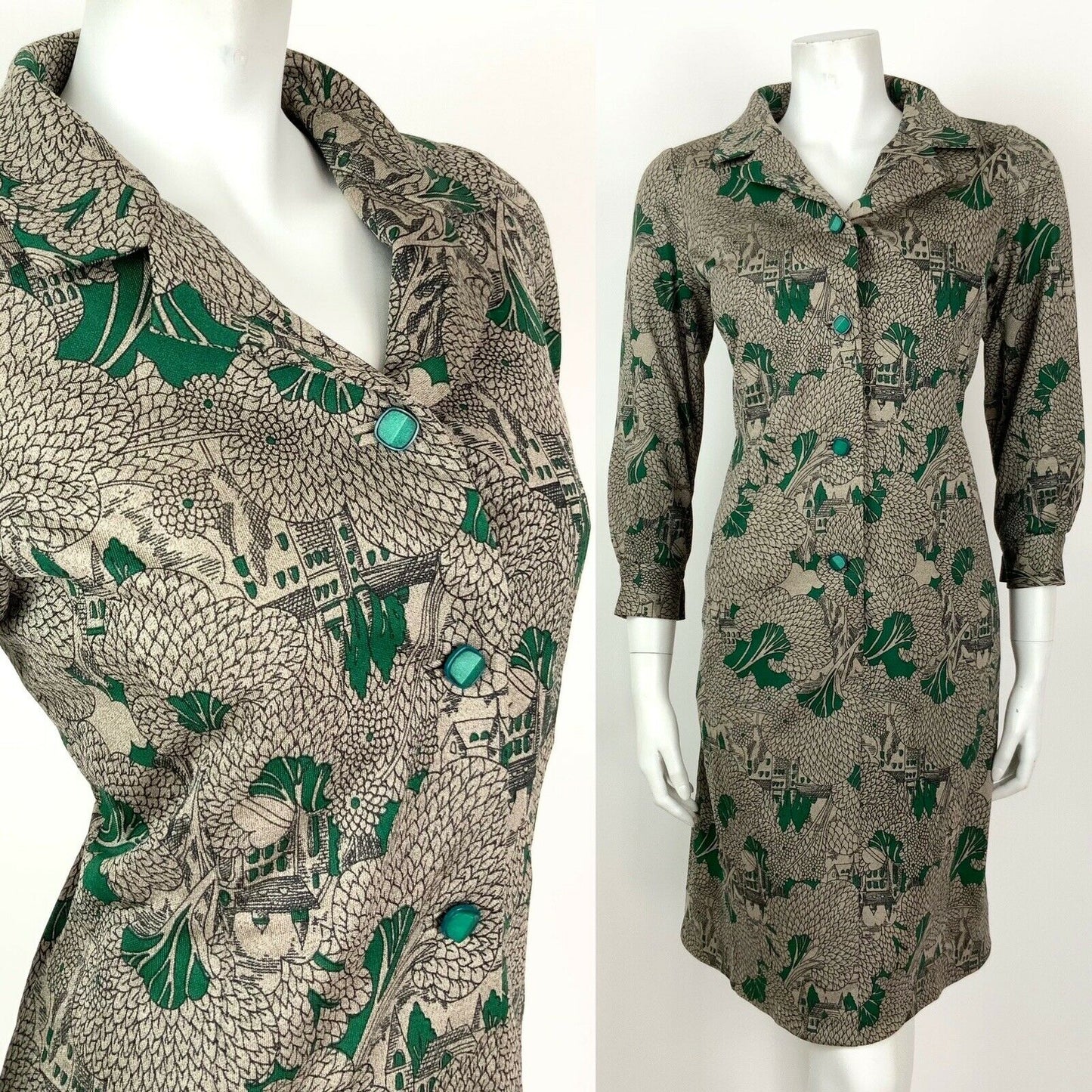 VINTAGE 60s 70s BROWN GREEN BLACK LEAF TREE CHURCH SHIRT DRESS 12