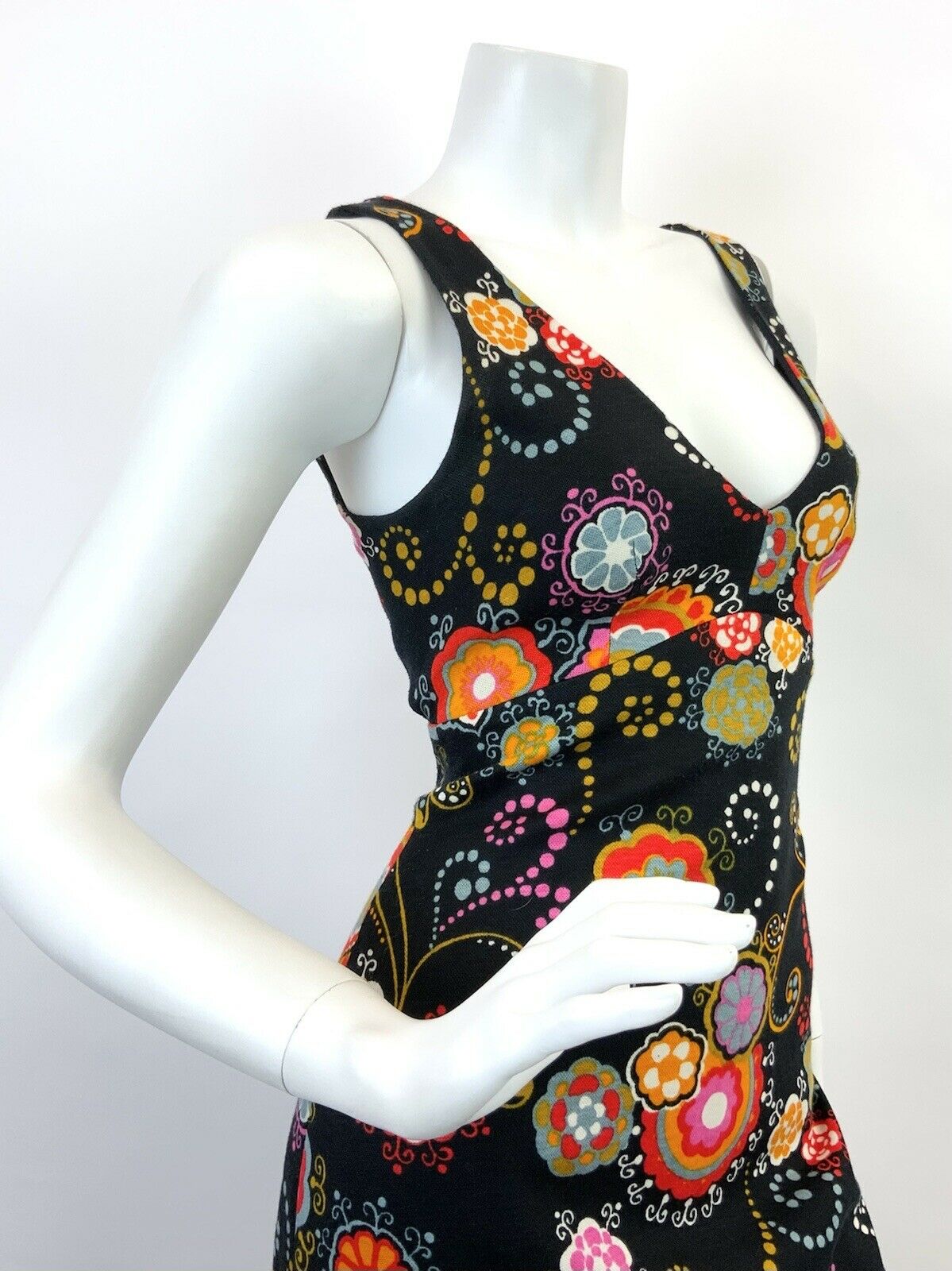 VTG 60s 70s BLACK PINK ORANGE RED PSYCHEDELIC FLORAL DOTTY EMPIRE MAXI DRESS 8