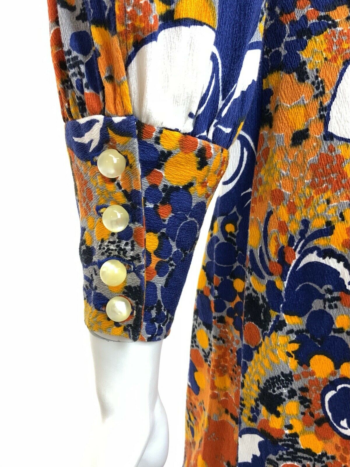 VINTAGE 60s 70s BLUE ORANGE YELLOW PSYCHEDELIC FLORAL DOTTY MOD MIDI DRESS 8