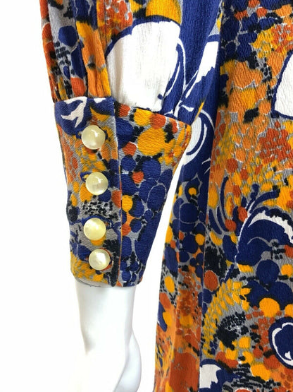 VINTAGE 60s 70s BLUE ORANGE YELLOW PSYCHEDELIC FLORAL DOTTY MOD MIDI DRESS 8