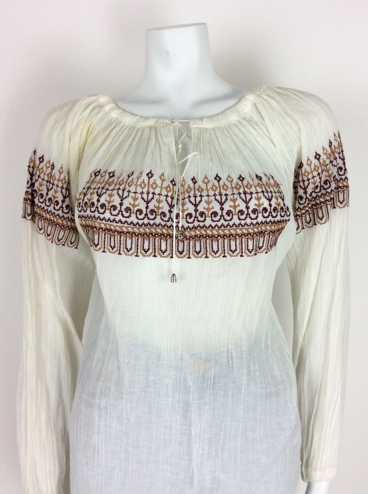 VINTAGE 60s 70s ETHNIC PEASANT TOP WHITE CREAM RED BROWN HIPPY 12 14