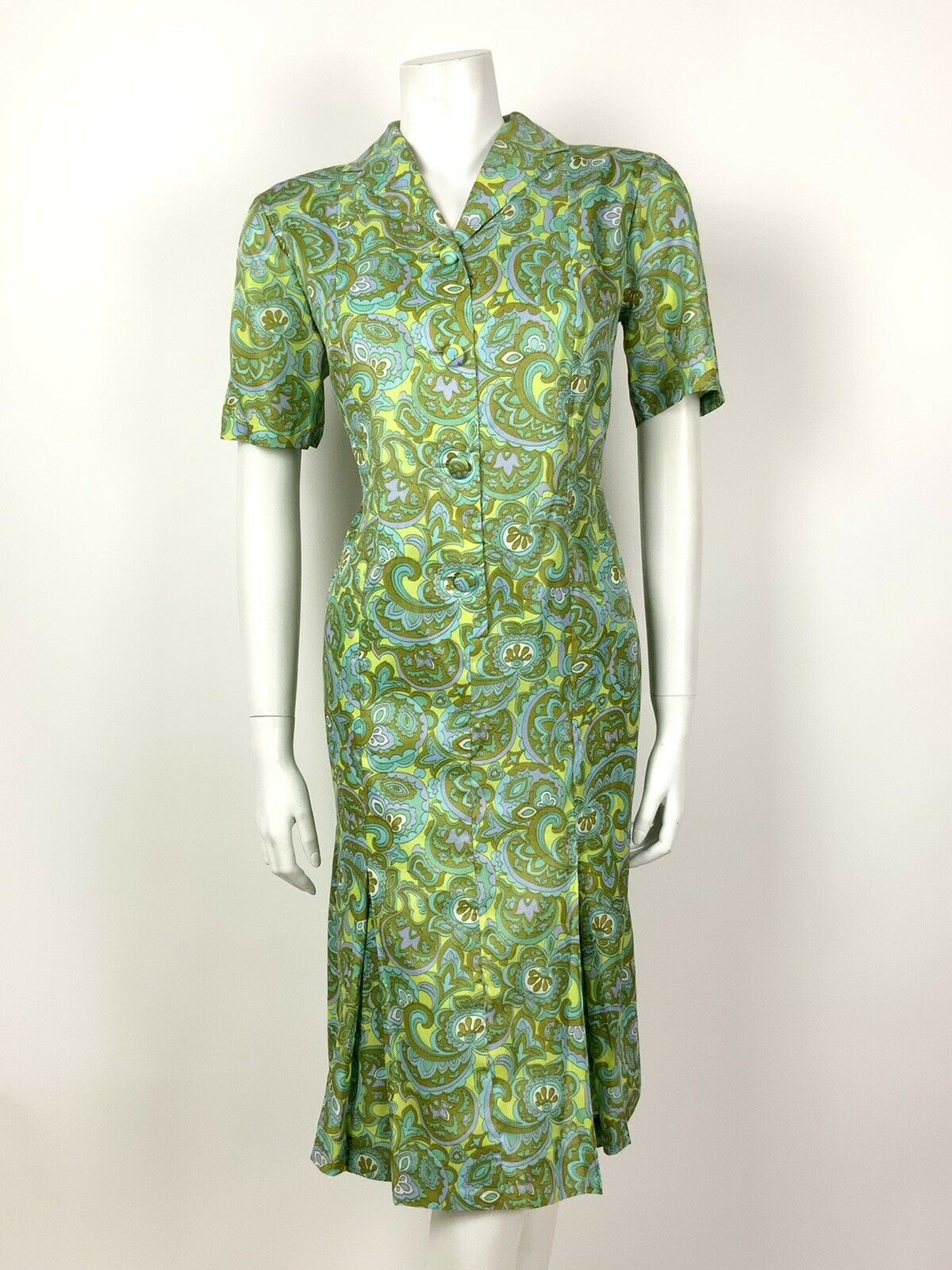 VINTAGE 60s 70s GREEN BLUE PURPLE FLORAL PAISLEY PSYCHEDELIC SHIRT DRESS 14 16