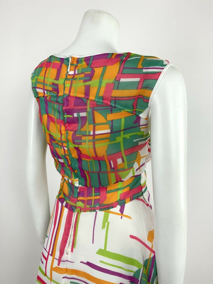 VINTAGE 60s 70s WHITE GREEN PINK ORANGE GEOMETRIC ABSTRACT BLOUSON DRESS 10