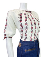 VINTAGE 70s WHITE WINE RED CROSS-STITCH EMBROIDERED BOHO FOLK BLOUSE 10 12