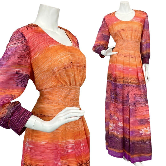 VTG 60s 70s ORANGE PINK PURPLE SUNSET FLORAL BOHO FOLK MAXI DRESS 12 14