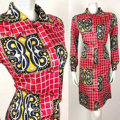 VINTAGE 60s 70s RED WHITE BLUE GRID CHECKED PAISLEY DOTTY SHIRT DRESS 10 12