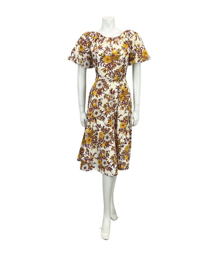 VINTAGE 60s 70s CREAM ORANGE PURPLE BROWN FLORAL PRINT BOHO MIDI DRESS 10 12