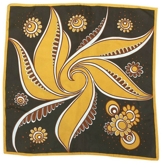 VINTAGE 60s 70s BROWN YELLOW WHITE FLORAL DAISY SWIRL MOD BOHO SCARF