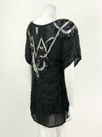 VINTAGE 70s 80s BLACK SILVER HOLOGRAPHIC SEQUINNED DISCO PARTY TOP BLOUSE 12 14